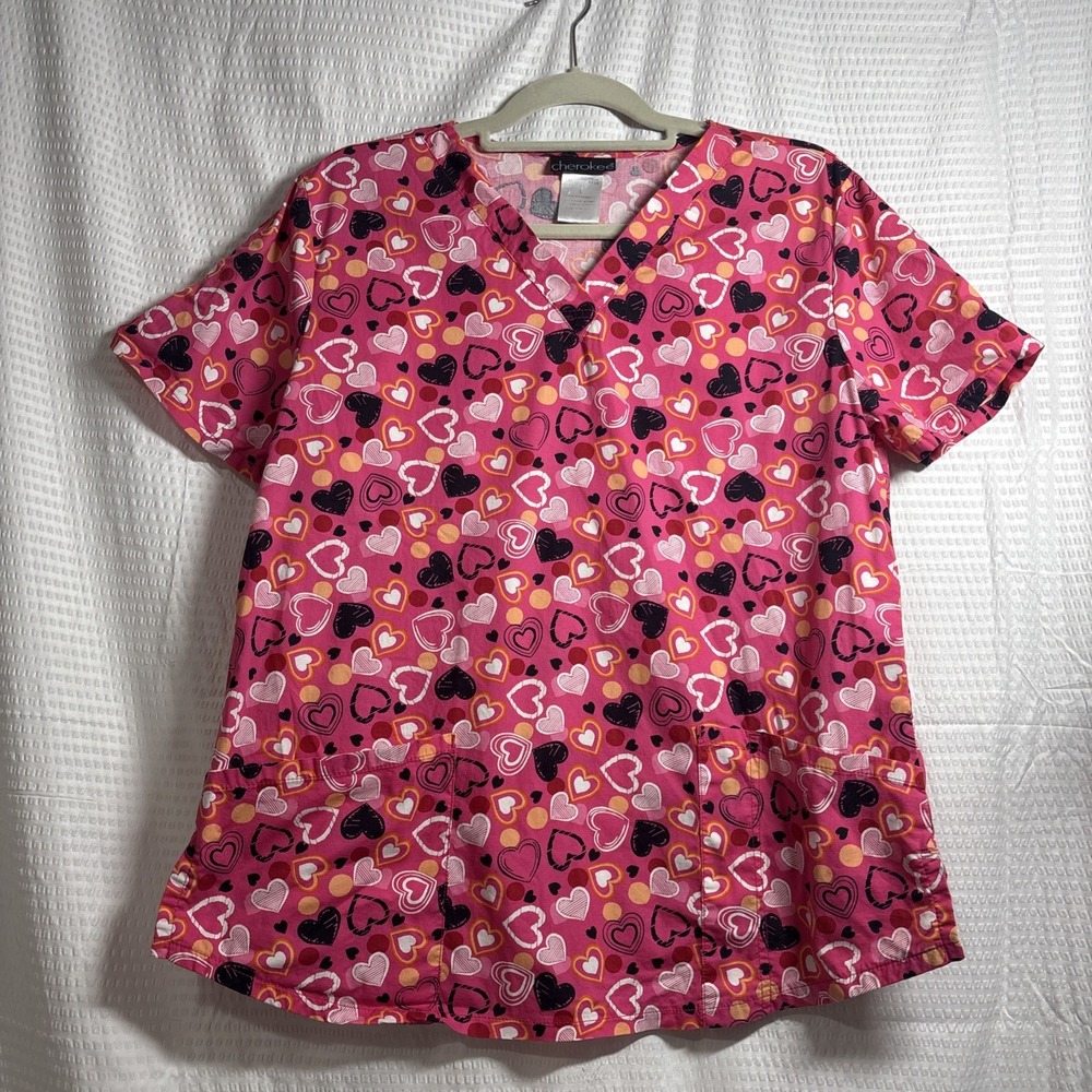 Women's L Hot Pink Hearts Medical Short Sleeve Scrub Top Shirt Cherokee Large